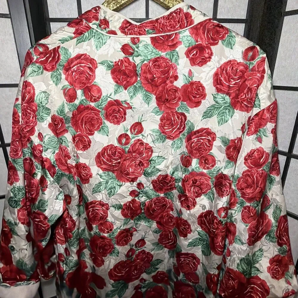 Vintage Victorias Secret Floral Satin‎ Robe Gold Label Red Roses Maxi Size M/L